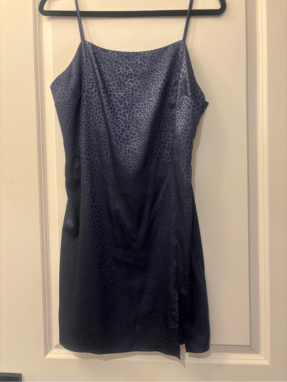 Sophie Rue Navy Satin Cowl Mini Dress with Subtle Jacquard